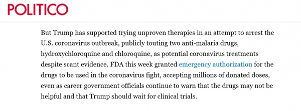 폴리티코는 트럼프 미국 대통령이 코로나19 치료제를 찾기 위해 검증되지 않은 치료법을 찾아 나서고 있다면서 FDA에 압력을 가하는 일도 서슴지 않고 있다고 우려했다.  (출처=폴리티코)