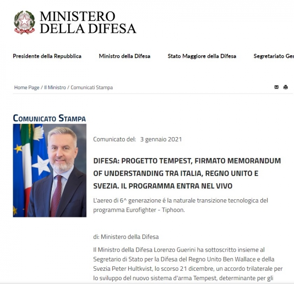 이탈리아 국방부는 3일 유로파이터를 대체할 제6세대 전투기 ‘템페스트’ 개발 프로그램 관련 3국(영국·이탈리아·스웨덴)이 협정에 서명했다고 발표했다. (출처=이달리아 국방부)