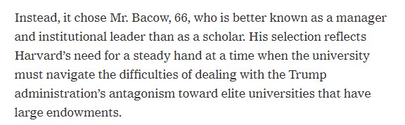 뉴욕타임스는 지난 2018년 2월 취임을 앞둔 로렌스 바카우 총장에 대해 학자보단 하버드대학을 관리할 리더 정도로 평가했다. ( 출처=뉴욕타임스)